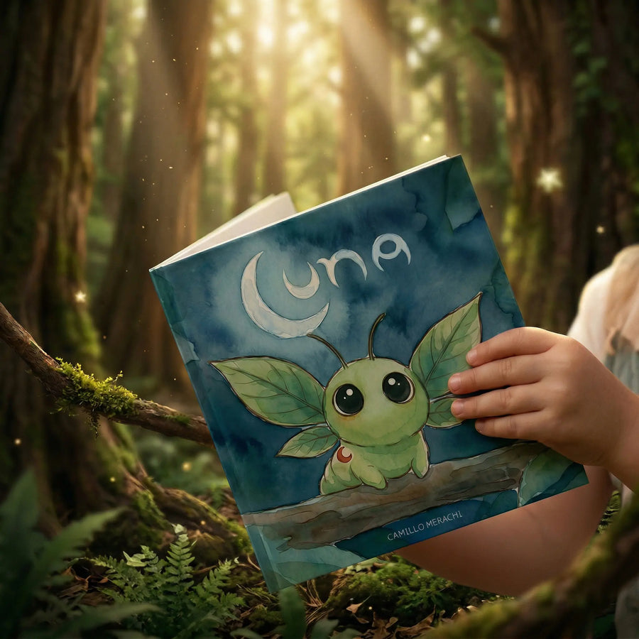 Livro Luna segurado por uma mão adulta, mostrando o tamanho
